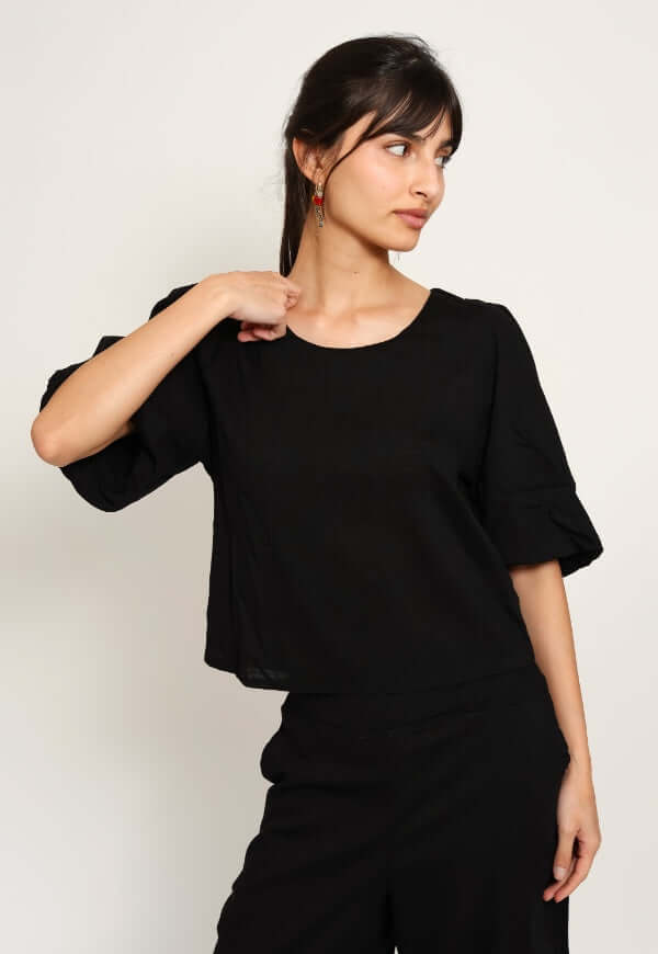 Blusa Amalia Manga Globo Negro Lino - Diseño de Autor | Natalia Seguel