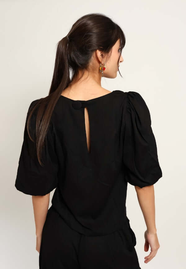 Blusa Amalia Manga Globo Negro Lino - Diseño de Autor | Natalia Seguel