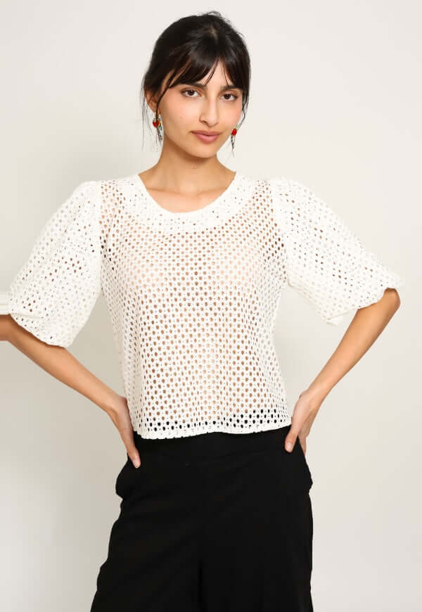 Blusa Amalia Manga Globo Blanco Encaje - Diseño de Autor | Natalia Seguel