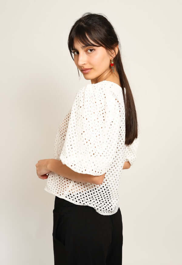 Blusa Amalia Manga Globo Blanco Encaje - Diseño de Autor | Natalia Seguel