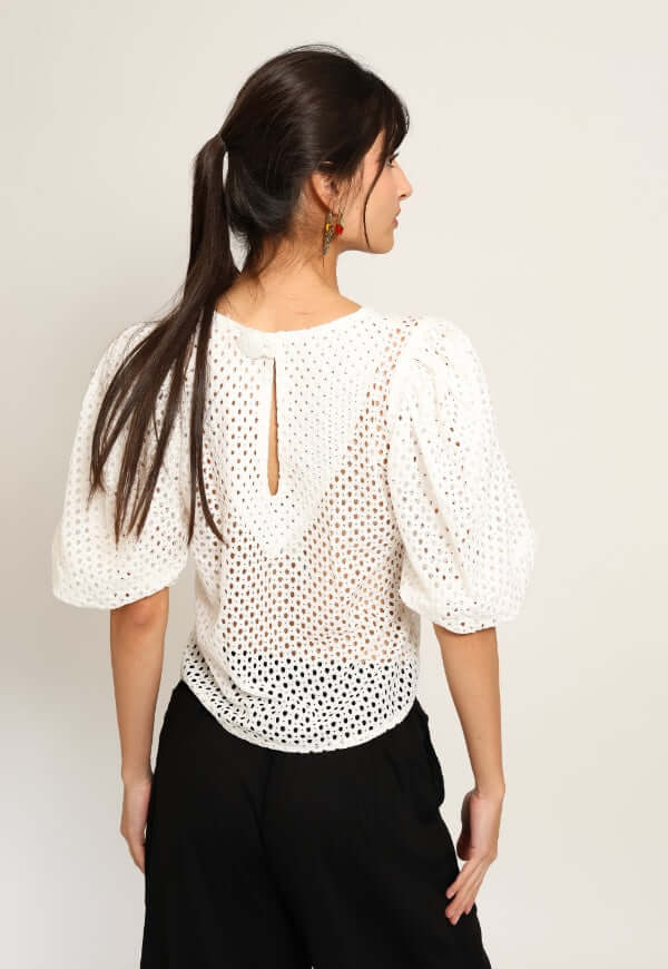 Blusa Amalia Manga Globo Blanco Encaje - Diseño de Autor | Natalia Seguel
