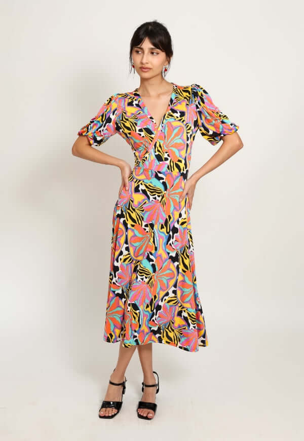 Vestido Valentina Hojas Multicolor Naranjo - Diseño de Autor | Natalia Seguel