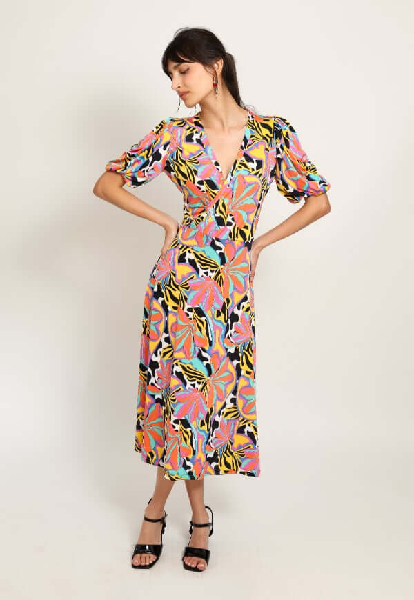 Vestido Valentina Hojas Multicolor Naranjo - Diseño de Autor | Natalia Seguel