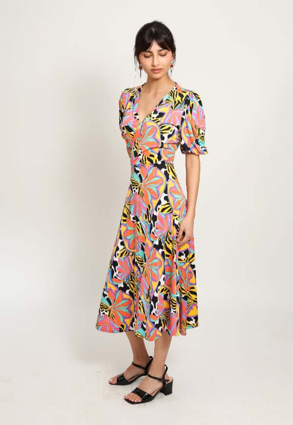 Vestido Valentina Hojas Multicolor Naranjo - Diseño de Autor | Natalia Seguel