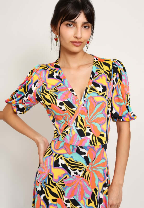 Vestido Valentina Hojas Multicolor Naranjo - Diseño de Autor | Natalia Seguel