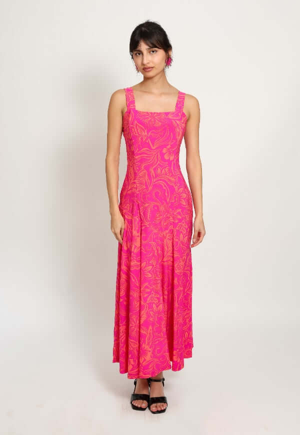 Vestido Julieta Sin Mangas Fucsia Hojas - Diseño de Autor | Natalia Seguel