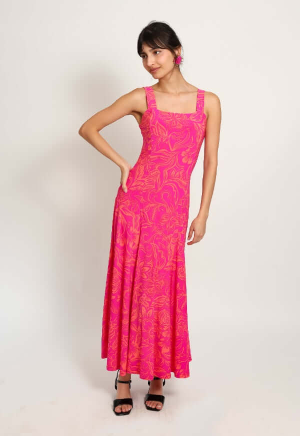 Vestido Julieta Sin Mangas Fucsia Hojas - Diseño de Autor | Natalia Seguel