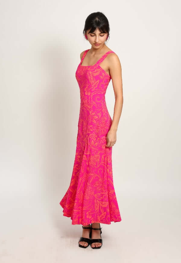 Vestido Julieta Sin Mangas Fucsia Hojas - Diseño de Autor | Natalia Seguel