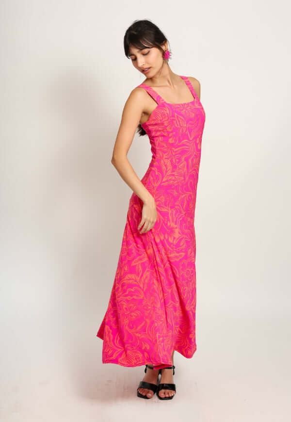 Vestido Julieta Sin Mangas Fucsia Hojas - Diseño de Autor | Natalia Seguel