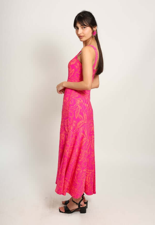 Vestido Julieta Sin Mangas Fucsia Hojas - Diseño de Autor | Natalia Seguel