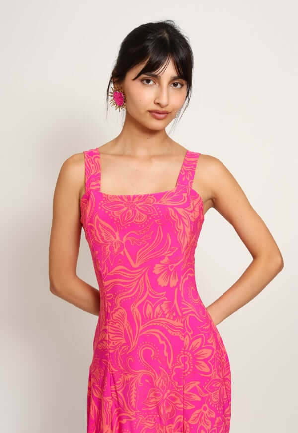 Vestido Julieta Sin Mangas Fucsia Hojas - Diseño de Autor | Natalia Seguel