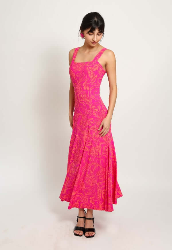 Vestido Julieta Sin Mangas Fucsia Hojas - Diseño de Autor | Natalia Seguel