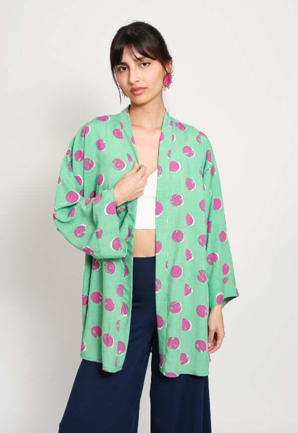 Kimono Sol Verde Agua Lunares Fucsia - Diseño de Autor | Natalia Seguel