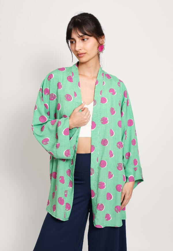 Kimono Sol Verde Agua Lunares Fucsia - Diseño de Autor | Natalia Seguel