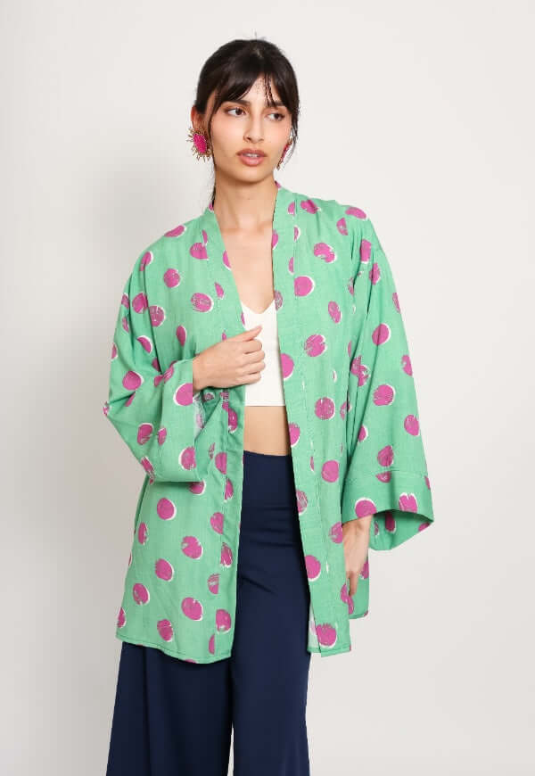 Kimono Sol Verde Agua Lunares Fucsia - Diseño de Autor | Natalia Seguel