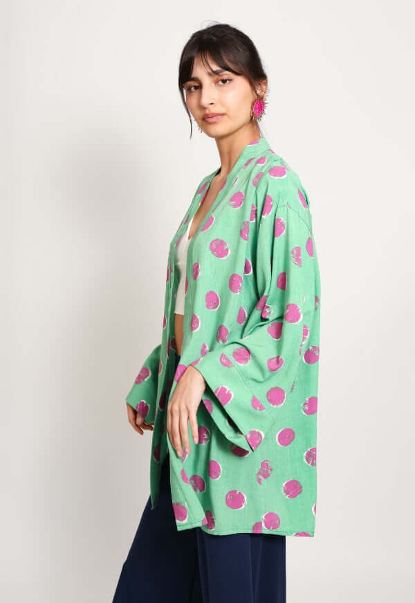 Kimono Sol Verde Agua Lunares Fucsia - Diseño de Autor | Natalia Seguel
