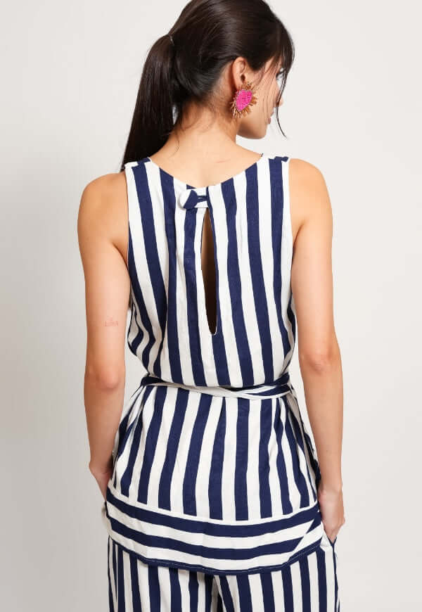 Blusa Clarisa Rayas Azul Blanco Lino - Diseño de Autor | Natalia Seguel
