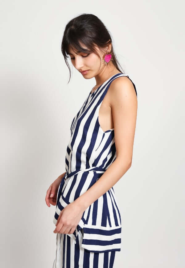 Blusa Clarisa Rayas Azul Blanco Lino - Diseño de Autor | Natalia Seguel
