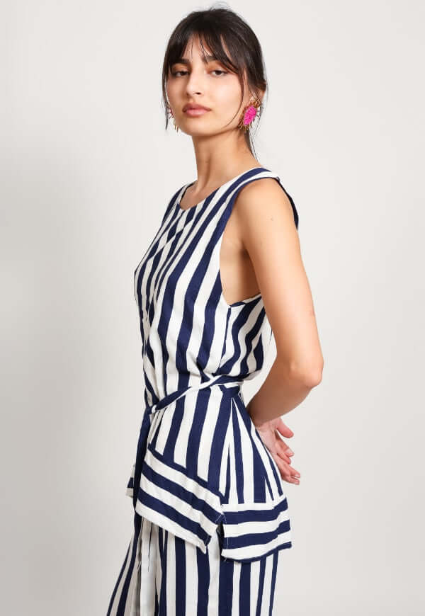 Blusa Clarisa Rayas Azul Blanco Lino - Diseño de Autor | Natalia Seguel