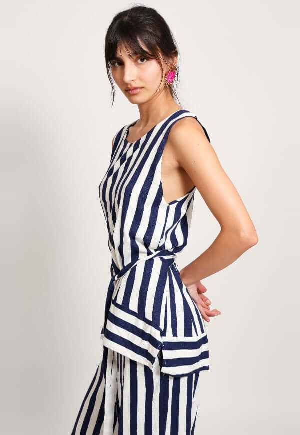 Blusa Clarisa Rayas Azul Blanco Lino - Diseño de Autor | Natalia Seguel