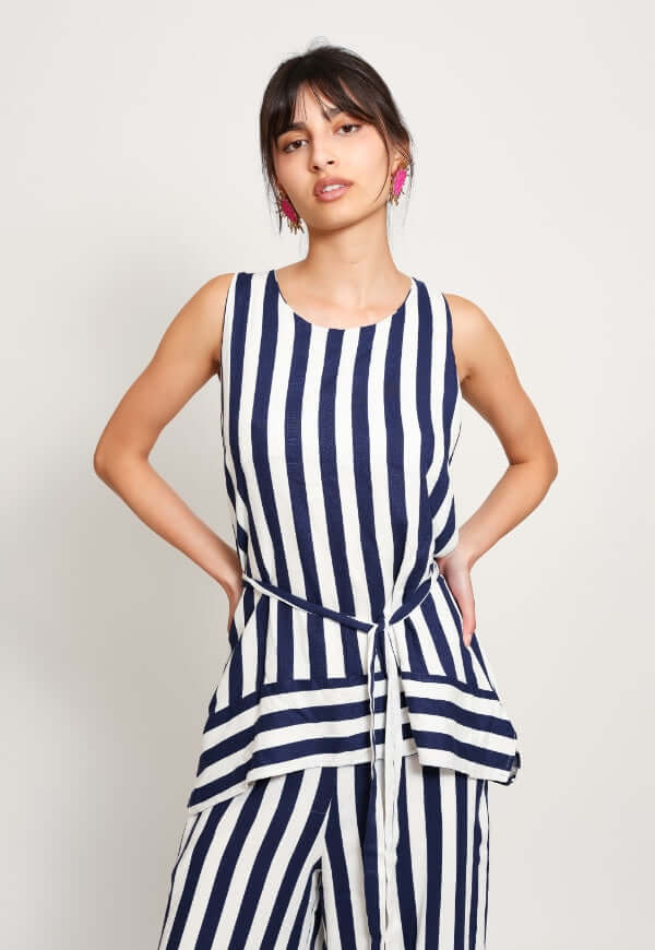 Blusa Clarisa Rayas Azul Blanco Lino - Diseño de Autor | Natalia Seguel