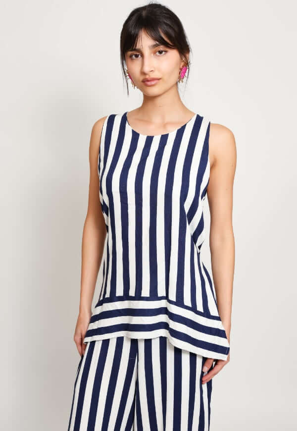Blusa Clarisa Rayas Azul Blanco Lino - Diseño de Autor | Natalia Seguel