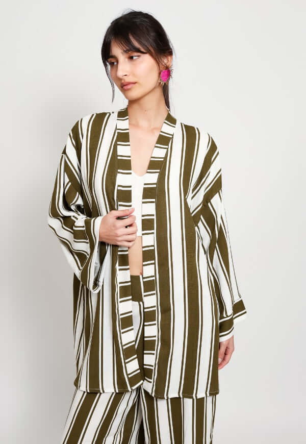 Kimono Sol Rayas Café Blanco Lino - Diseño de Autor | Natalia Seguel