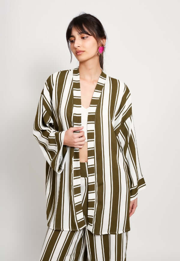 Kimono Sol Rayas Café Blanco Lino - Diseño de Autor | Natalia Seguel