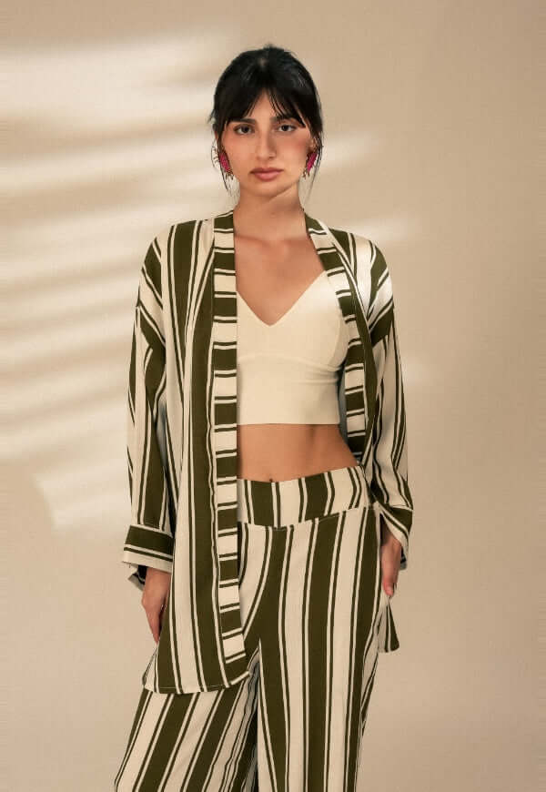 Kimono Sol Rayas Café Blanco Lino - Diseño de Autor | Natalia Seguel