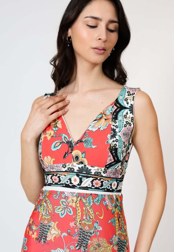 Vestido Vera Coral Estampado Flores Natalia Seguel, frente – diseño chileno de autor, Natalia Seguel