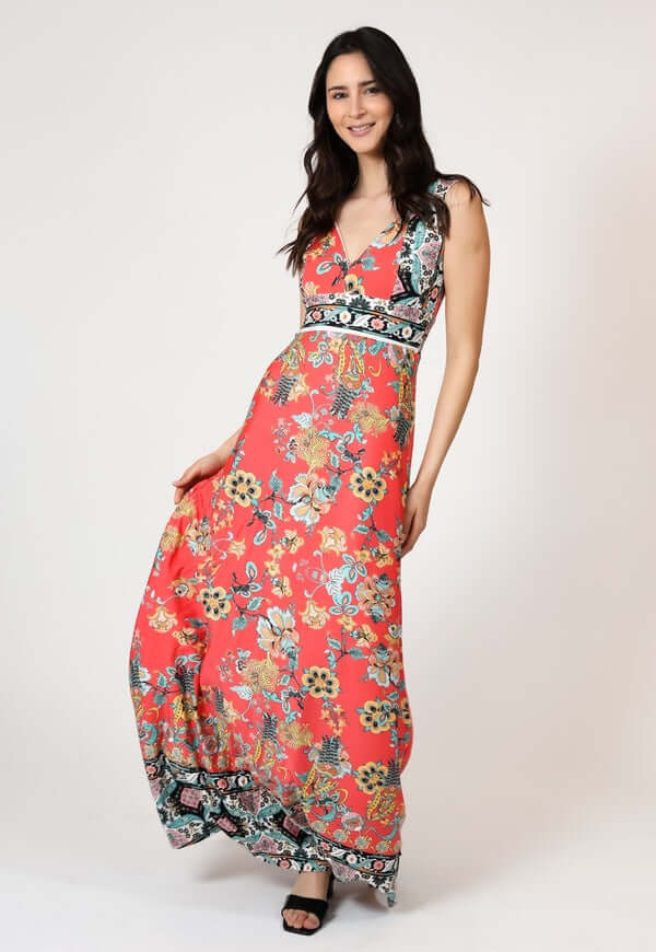 Vestido Vera Sin Mangas Coral Flores - Diseño Chileno | Natalia Seguel estampado, frente – diseño chileno de autor, Natalia Seguel