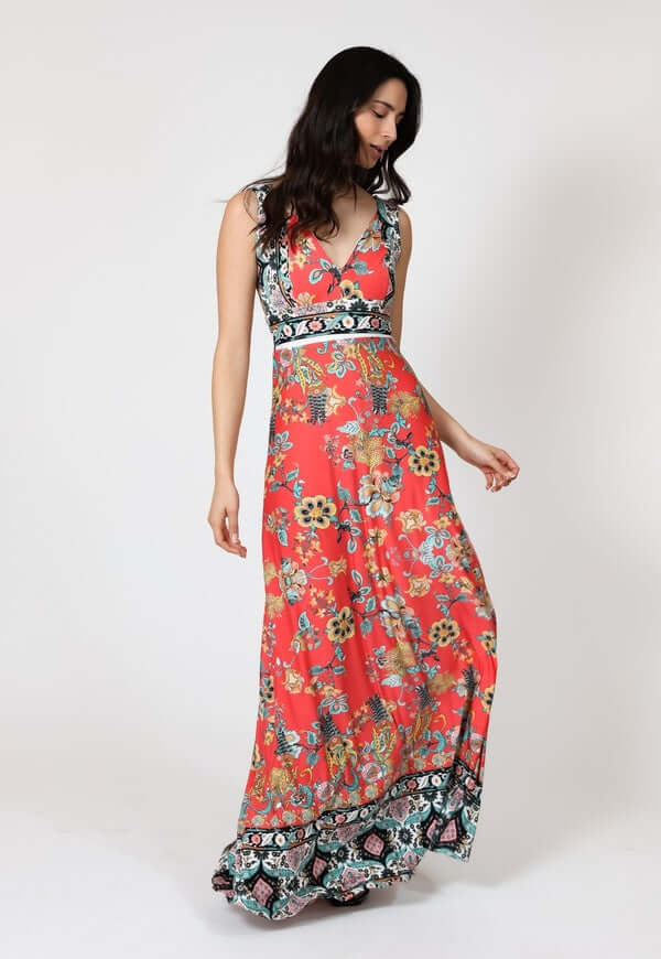 Vestido Vera Coral Estampado Flores Natalia Seguel, lateral (2) – diseño chileno de autor, Natalia Seguel