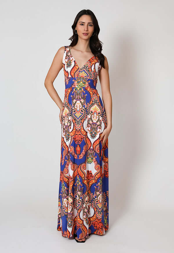 Vestido Vera Azul Naranjo Pasley Natalia Seguel, lateral – diseño chileno de autor, Natalia Seguel