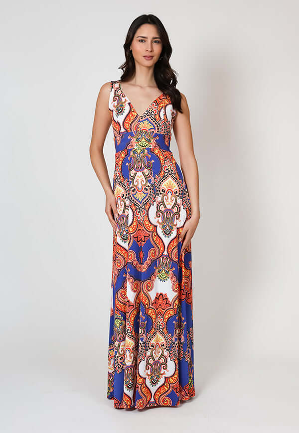 Vestido Vera Azul Naranjo Pasley Natalia Seguel, detalle de tela – diseño chileno de autor, Natalia Seguel