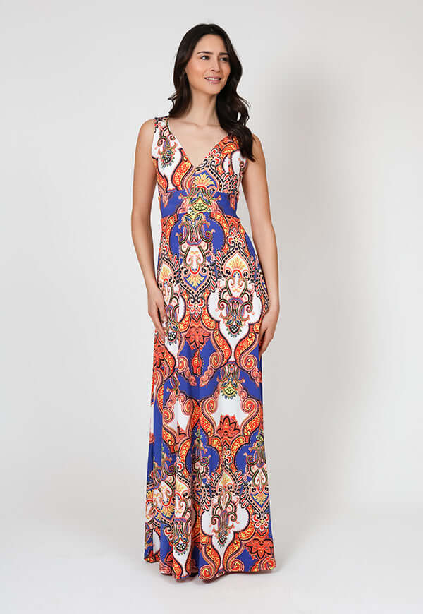 Vestido Vera Azul Naranjo Pasley Natalia Seguel, percha – diseño chileno de autor, Natalia Seguel