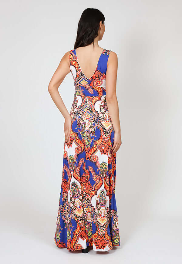 Vestido Vera Azul Naranjo Pasley Natalia Seguel, frente – diseño chileno de autor, Natalia Seguel