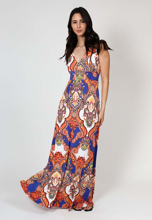 Vestido Vera Sin Mangas Azul Naranjo Pasley - Diseño Chileno | Natalia Seguel, frente – diseño chileno de autor, Natalia Seguel