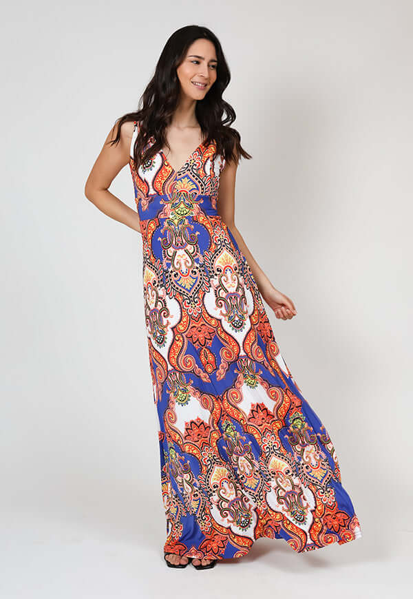 Vestido Vera Azul Naranjo Pasley Natalia Seguel, detalle de tela (2) – diseño chileno de autor, Natalia Seguel