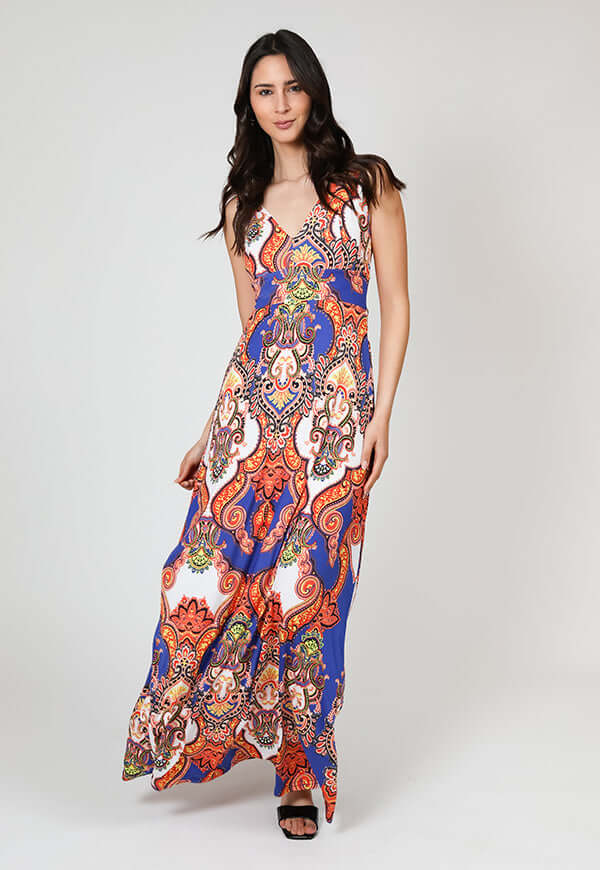 Vestido Vera Azul Naranjo Pasley Natalia Seguel, percha (2) – diseño chileno de autor, Natalia Seguel