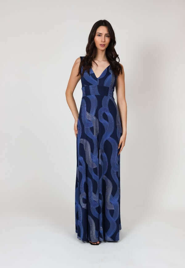 Vestido Vera Azul Lineas Plateadas Natalia Seguel, espalda – diseño chileno de autor, Natalia Seguel