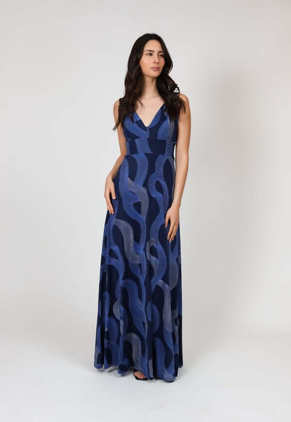 Vestido Vera Azul Lineas Plateadas Natalia Seguel, detalle de tela – diseño chileno de autor, Natalia Seguel