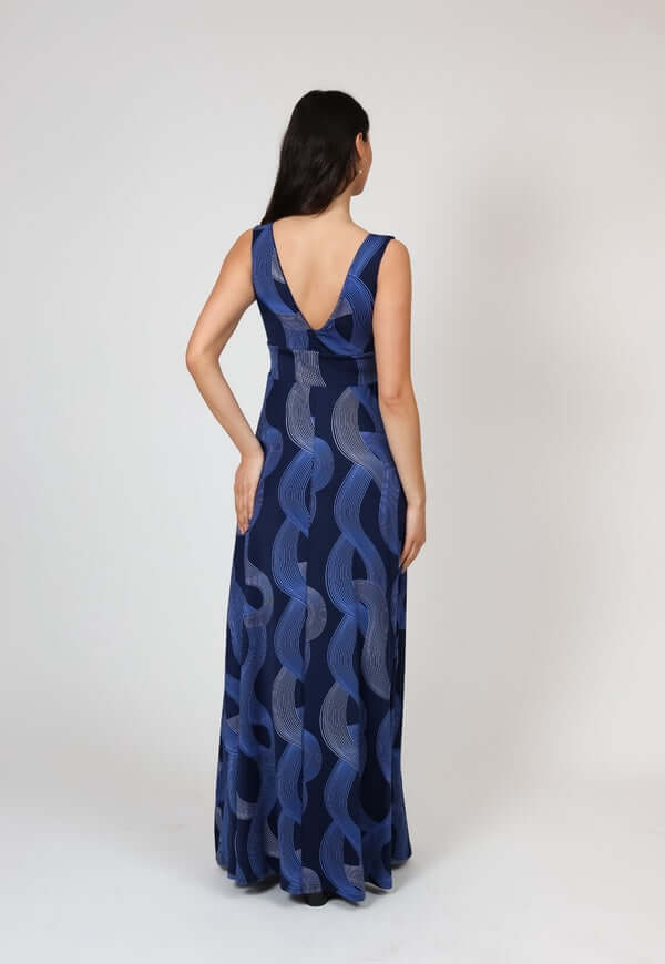 Vestido Vera Azul Lineas Plateadas Natalia Seguel, frente – diseño chileno de autor, Natalia Seguel