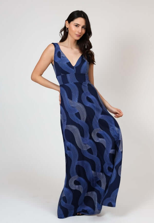 Vestido Vera Azul Lineas Plateadas Natalia Seguel, lateral – diseño chileno de autor, Natalia Seguel