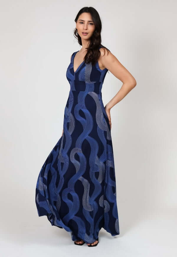 Vestido Vera Azul Lineas Plateadas Natalia Seguel, percha (2) – diseño chileno de autor, Natalia Seguel