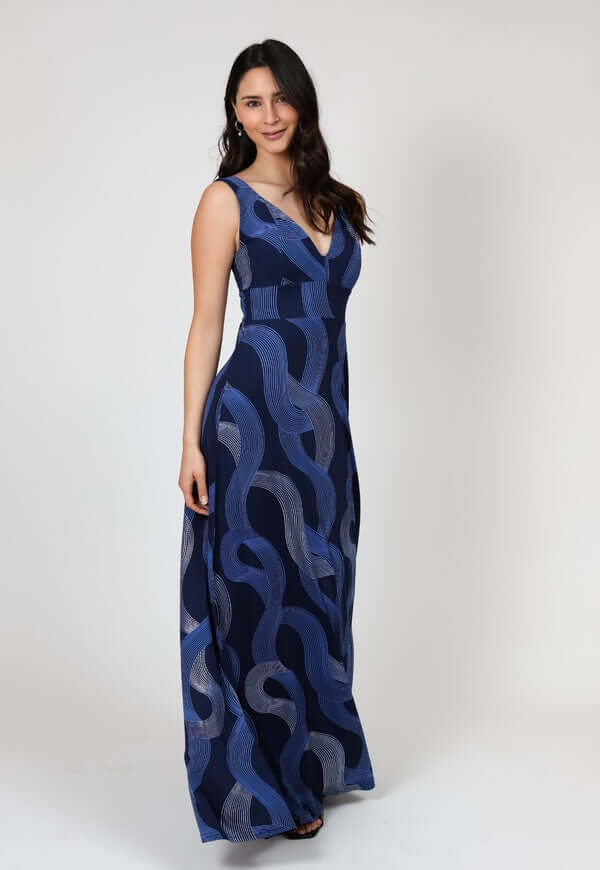 Vestido Vera Azul Lineas Plateadas Natalia Seguel, lookbook (2) – diseño chileno de autor, Natalia Seguel