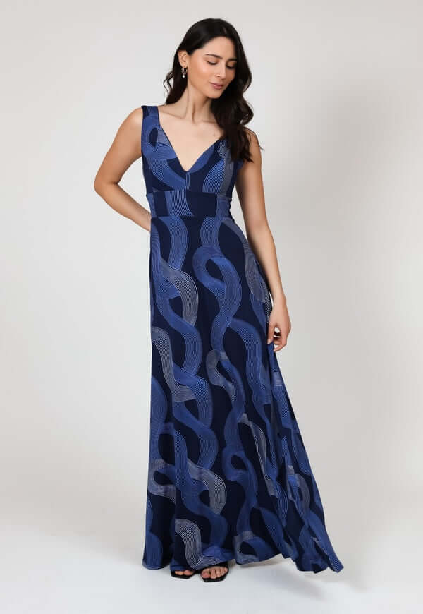 Vestido Vera Azul Lineas Plateadas Natalia Seguel, frente (2) – diseño chileno de autor, Natalia Seguel