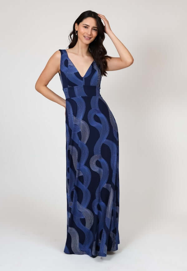 Vestido Vera Sin Mangas Azul Lineas Plateadas - Diseño Chileno | Natalia Seguel, frente – diseño chileno de autor, Natalia Seguel