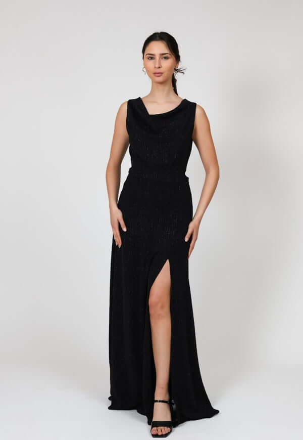 Vestido Drapeado Fiesta Negro Brillos Natalia Seguel lentejuelas, espalda – diseño chileno de autor, Natalia Seguel