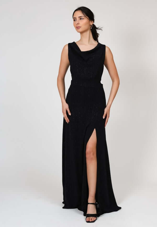 Vestido Drapeado Tajo Negro Brillos Fiesta - Diseño Chileno | Natalia Seguel lentejuelas, frente