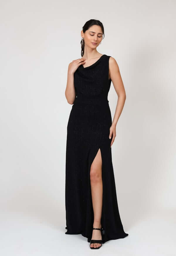 Vestido Drapeado Fiesta Negro Brillos Natalia Seguel lentejuelas, detalle de tela – diseño chileno de autor, Natalia Seguel